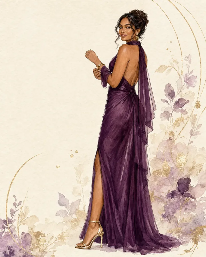 A wedding guest in a plum halter-neck gown, glancing back over her shoulder