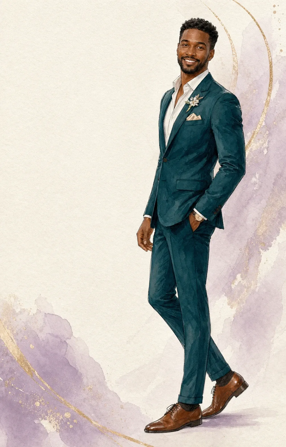 A guest in a teal suit standing at a soft angle to the camera, one hand in his pocket