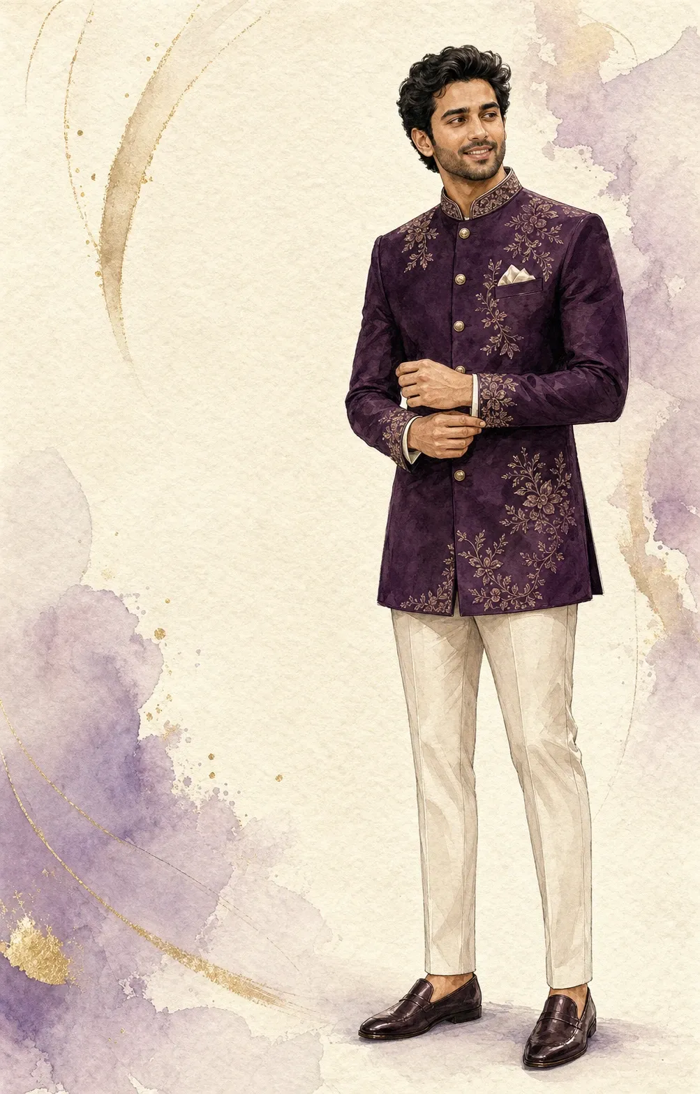 A guest in an embroidered plum sherwani adjusting his cuff